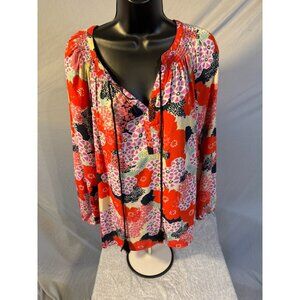 DR2 Womens Red Floral Shabby Chic Boho Top Shirt Blouse‎ Large L Vneck Fun